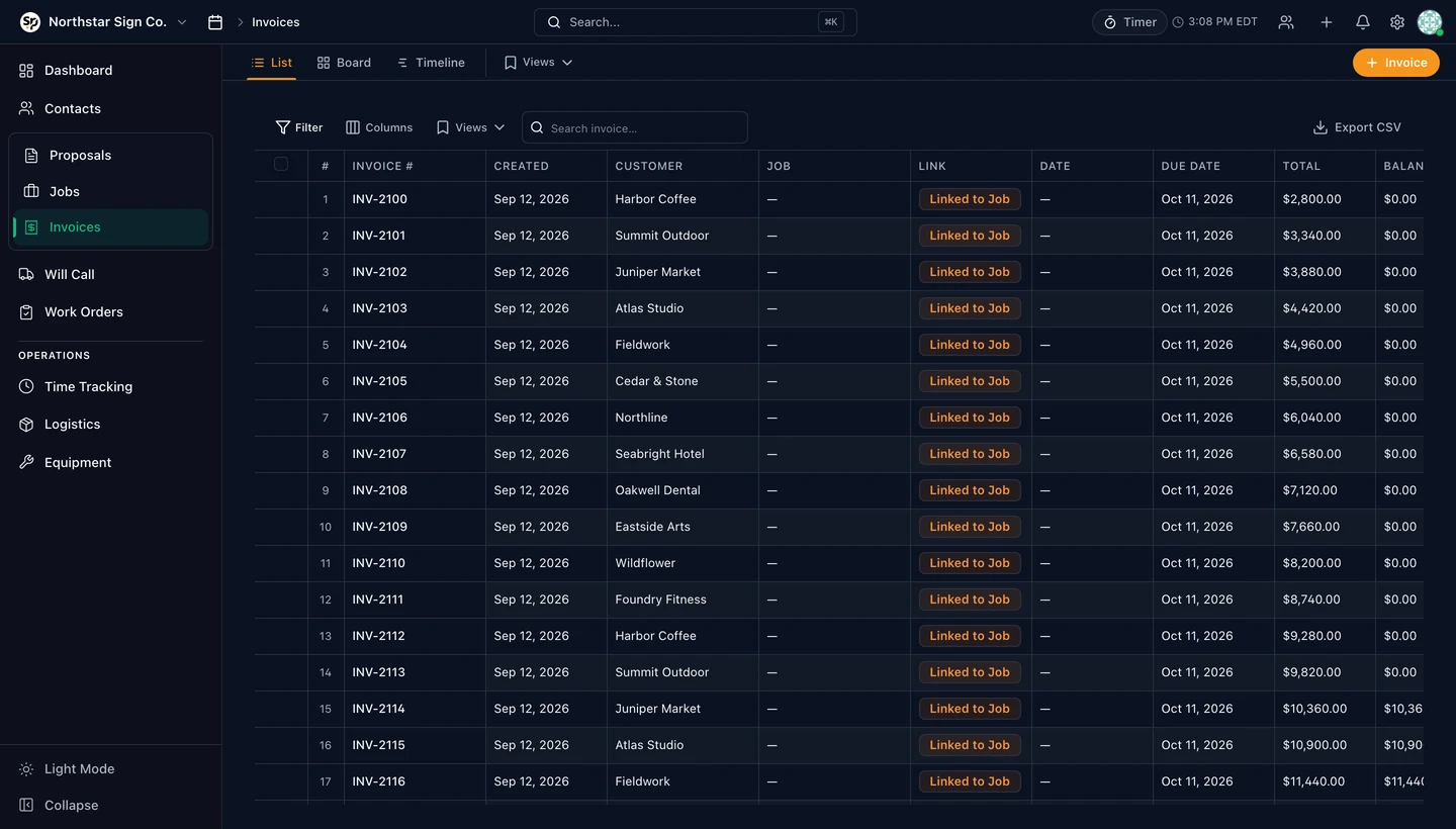 SignPro Invoices interface populated with example sign-shop data