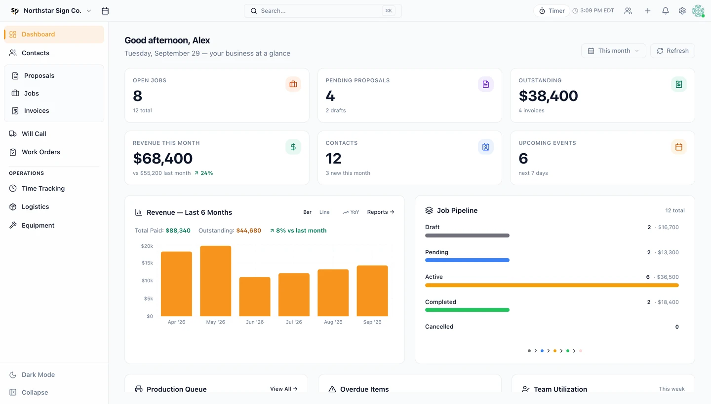 SignPro Light theme interface populated with example sign-shop data